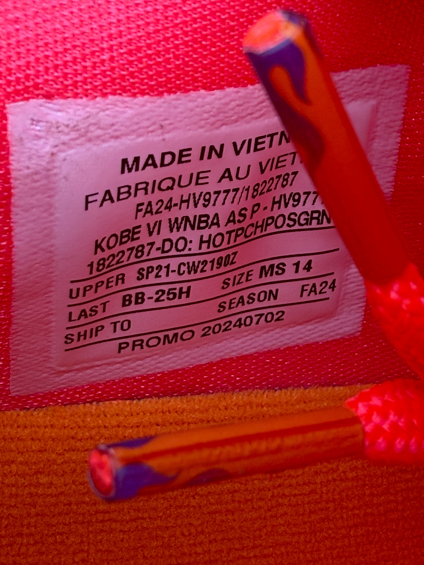 Kobe 6 WNBA PE (size 14)